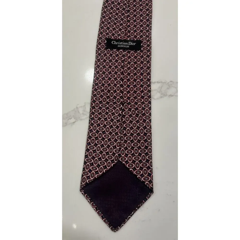 Vtg Christian Dior‎ Monsieur Men’s Tie 3.75” Red Geometric Italian Silk Fabric